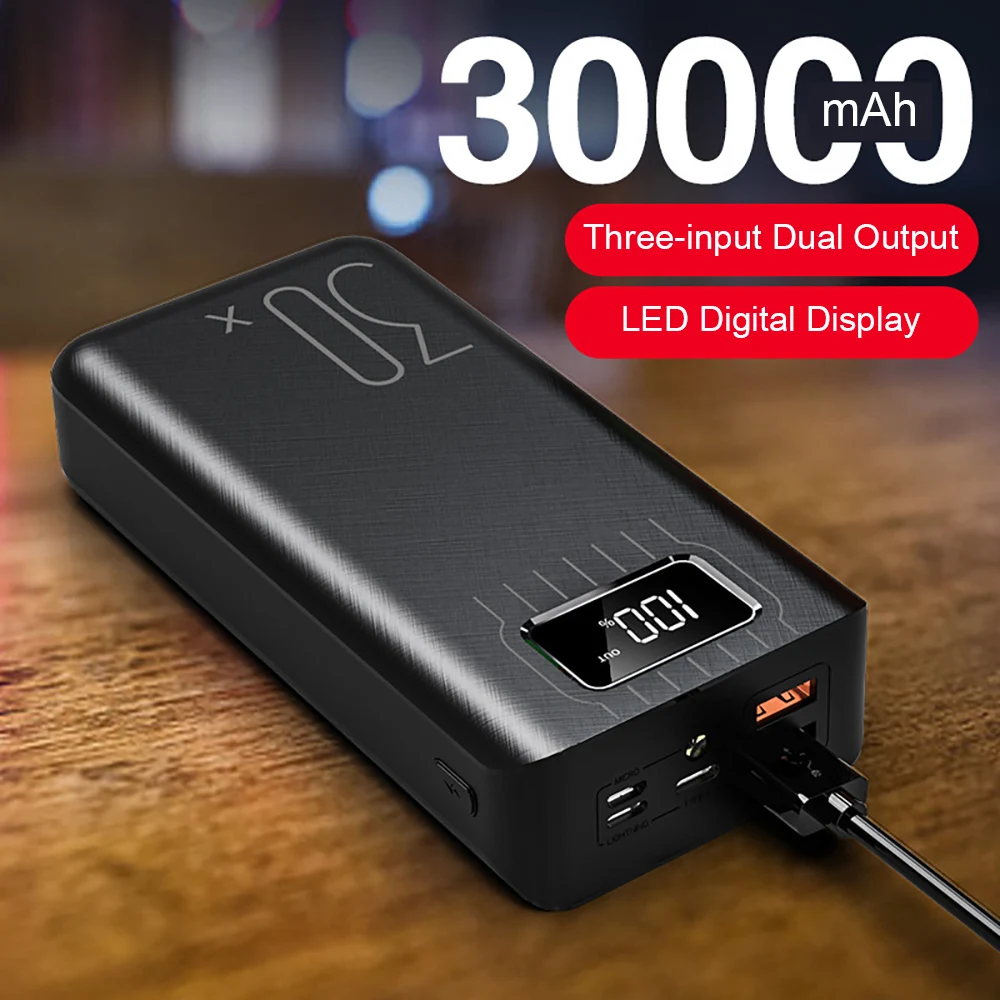 Портативное зарядное устройство 30000 мАч Micro USB QC быстрая зарядка светодиодный