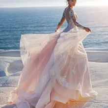 Сексуальное свадебное платье в стиле бохо аппликация Кнопка назад пляж платье свадебное совок шеи Тюлевое платье невесты Шлейфы для свадебных платьев