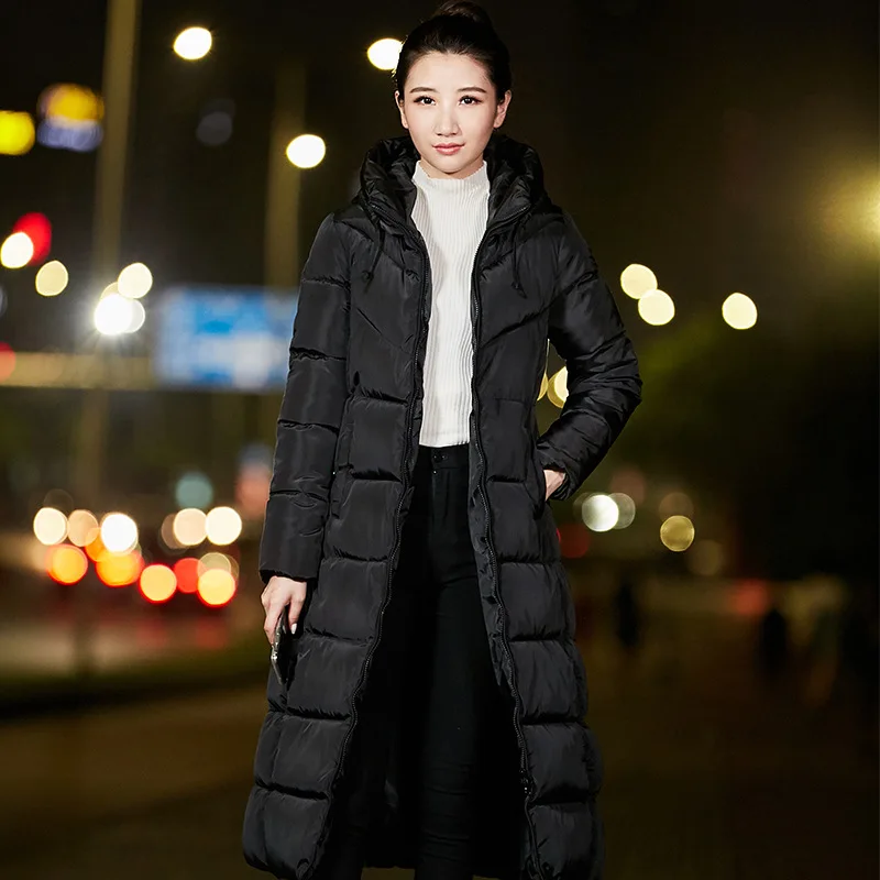 Slim Fashion Warm Women Coats And Jackets Long Hooded Solid Winter Padded Jacket Pockets Cotton Nice Parka Feminina - Цвет: Черный