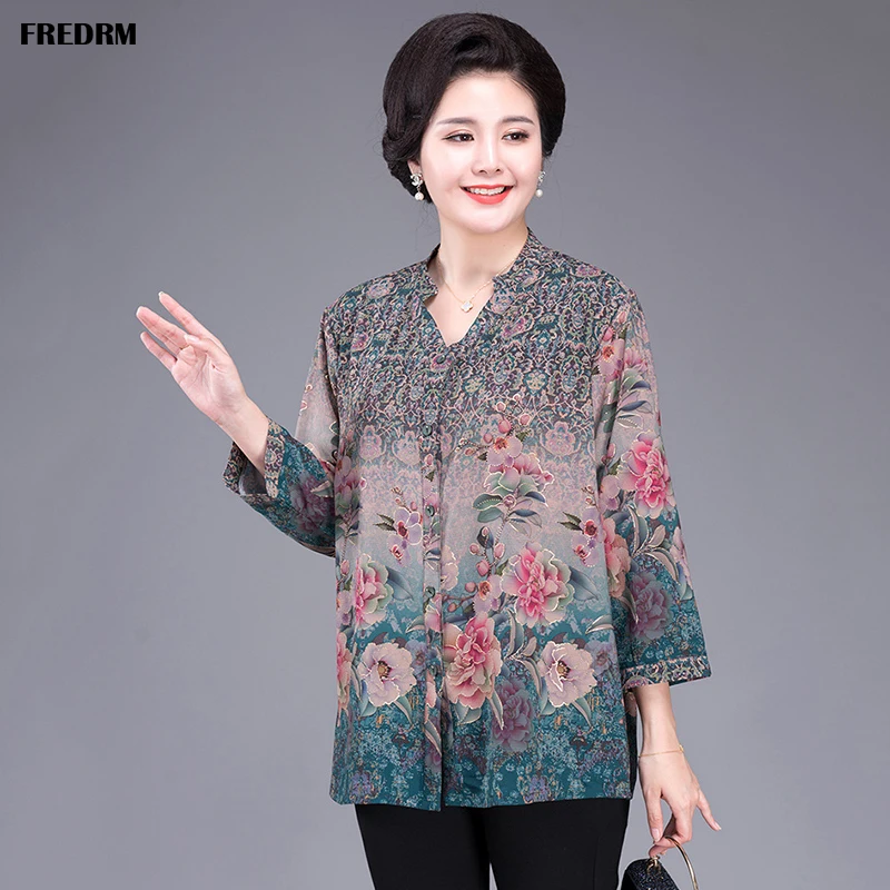 

FREDRM Women Blouses Big Size 2020 New Spring Summer Nine Quarter Sleeve V-neck Office Lady Loose Shirts Printing Flower Euro 54