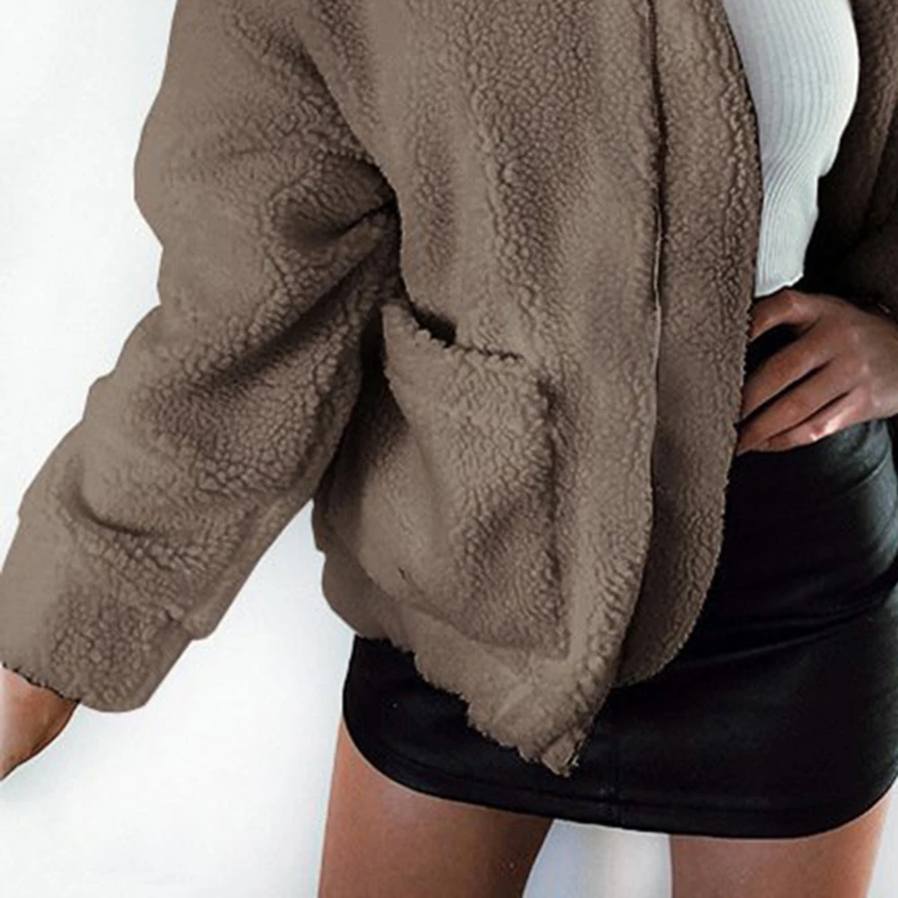 Women Coat Thick Warm Pocket Fleece Jacket Coat Zip Up Outwear Overcoat Winter Soft Fur Jackets Female Plush Coat Elegant