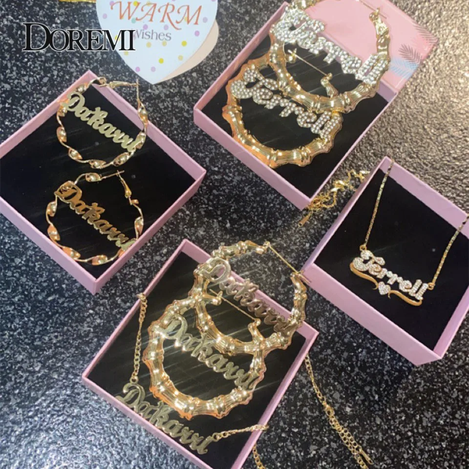 DOREMI Name Earrings and Necklace set 3MM Cuban Chain Round Bamboo Earrings Custom Bamboo HoopLetter Personalised Name Earrings