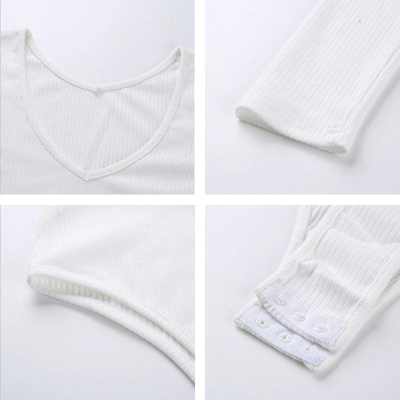 Rapwriter Casual V-Neck Long Sleeve Ribbed Skinny Bodysuit Women Autumn Winter Basic Sexy Slim Open Crotch Bodysuit Top
