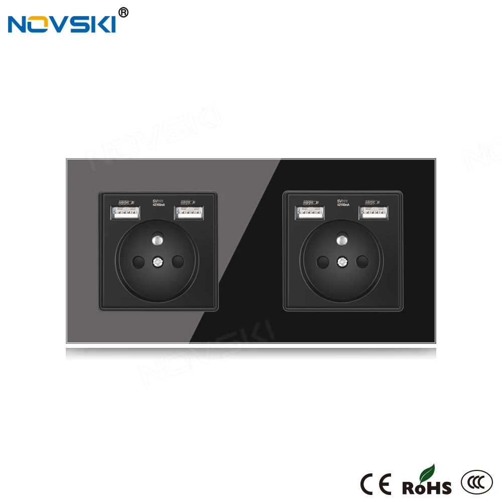 

NOVSKI EU French Wall Crystal Glass Black Panel Power Socket 2 Frame 86*172 mm, Built-in LED for USB Charger