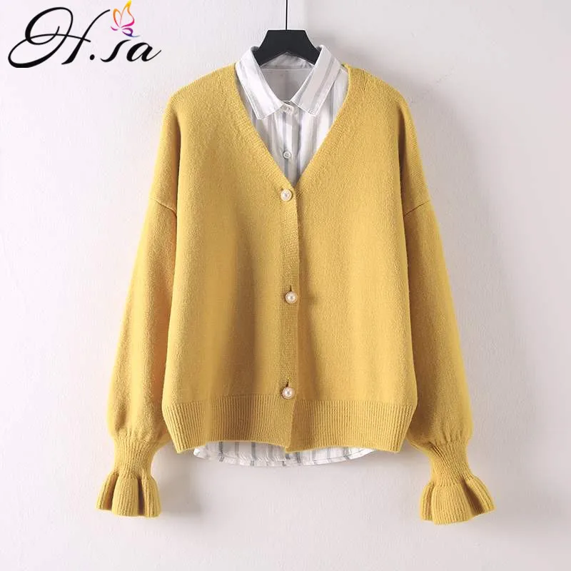 

H.SA 2019 Sweater Cardigans Flare Sleeve V neck Button Up Green Knitwear Solid Knitting Outwear Female Casual Open Stitch Coat