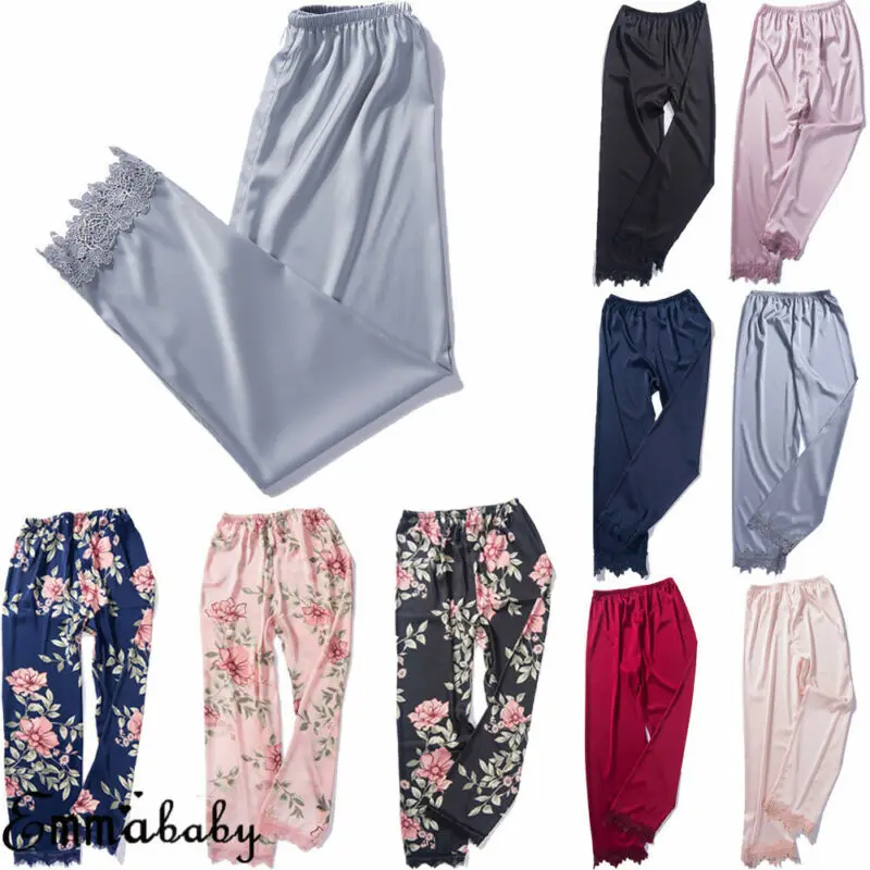Женские пижамы из полиэстера, имитированные шелковые пижамы, штаны, Пижама Ночное белье с принтом, кружевная одежда для отдыха, домашняя одежда
