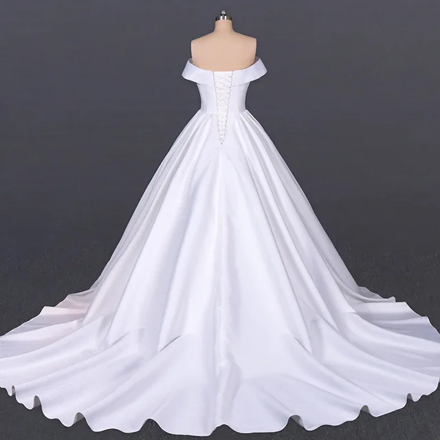 LSDZ29 White Simple Attractive V-Neck Short Sleeve Lace Up Back Off The Shoulder Wedding Dress 2021 For Woman A-Line 2