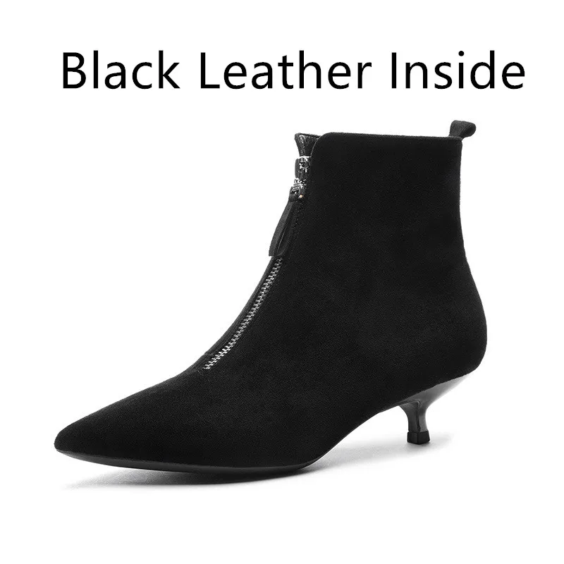 Black Leather 2 Черные зимние ботинки; коллекция года; женская обувь; женские ботильоны на молнии; ботильоны для женщин из флока на высоком каблуке с острым носком; Mujer - Цвет: Black Leather 2