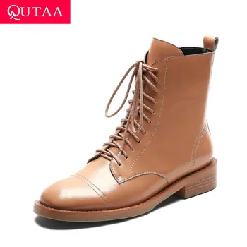 

QUTAA 2021 Square Heel Ankle Boots Square Toe Cow Leather PU Women Shoes Lace Up Zipper Autumn Winter Short Boots Size 34-39