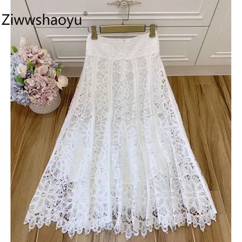 

Ziwwshaoyu 2020 New Spring Summer Designer Elegant Hollow Out Embroidery Shell Beaded White Maxi Skirt Women's