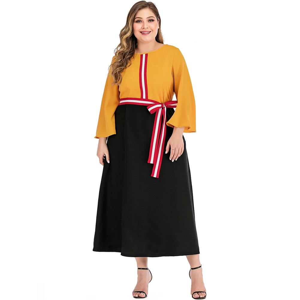 

FADZECO Autumn Plus Size Dress Women Long Dress O Neck Color Block Maxi Dress Casual Loose Party Dress