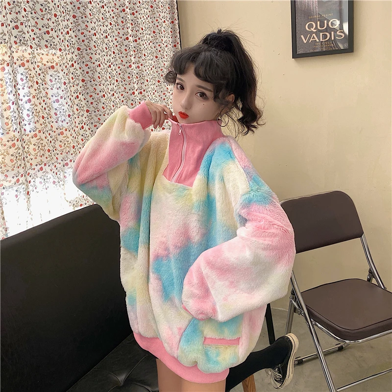 Tie Dye Faux толстовки из овечьей шерсти женские толстовки на молнии осенние модные повседневные толстовки с длинным рукавом из пушистого флиса