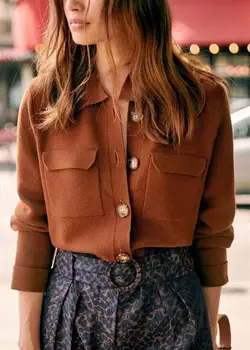 

New Spring Autumn Winter Women Vintage Caramel Lapel Double Pocket Shirt Wool Knit Cardigan Sweater