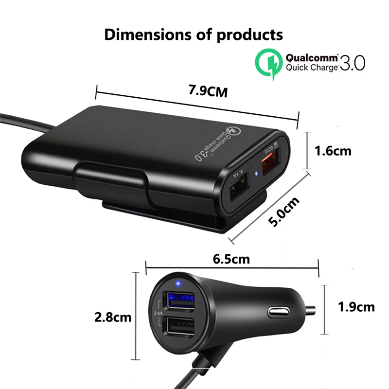 4 порта USB порт автомобильное портативное быстрое зарядное устройство QC 3,0 Автомобильное быстрое зарядное устройство для зарядки заднего сиденья автомобиля