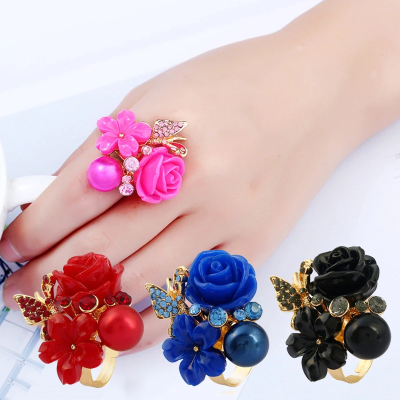 

New Flower Ring For Women Jewelry Resin Roses Flower Rings Adjustable Big Crystal Finger Ring Wedding Bijoux Homme
