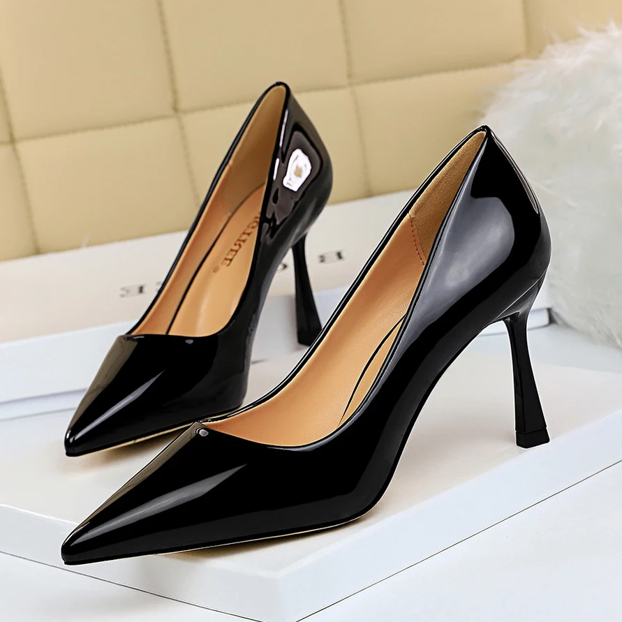 Glossy Patent Leather Shallow Mouth Pointed Stiletto High Heels Pumps ...