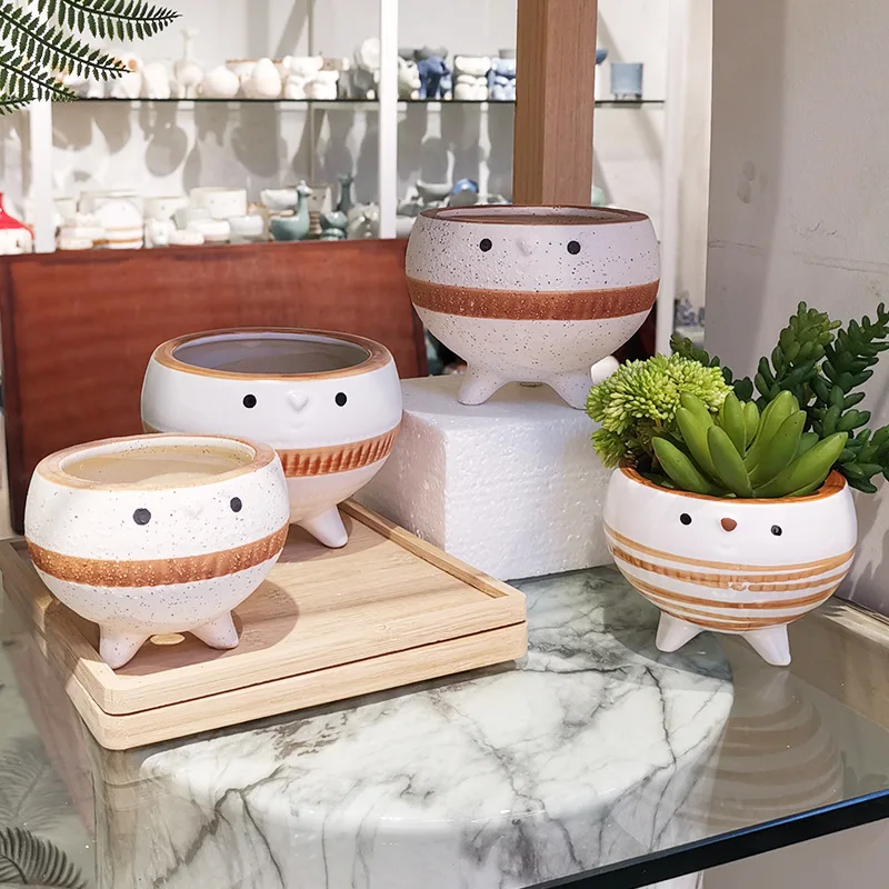 

Tripod Round Flowerpot New Lovely Hand Color Green Plant Fleshy Plant Ceramic Vase Desktop Flowerpot Interior Decoration