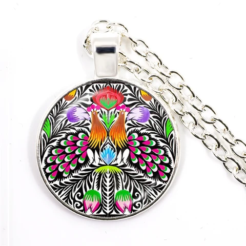 Folk Art Pattern Pendant Necklace 25mm Glass Dome Cabochon Jewelry For Women Men Golden Plated Sweater Chain Gift