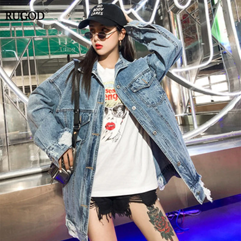 

RUGOD 2019 New Autumn Women Solid Loose Denim Jacket Classic Frayed Wash Jacket Oversize Chic Fashion Korean Pockets Coat Female