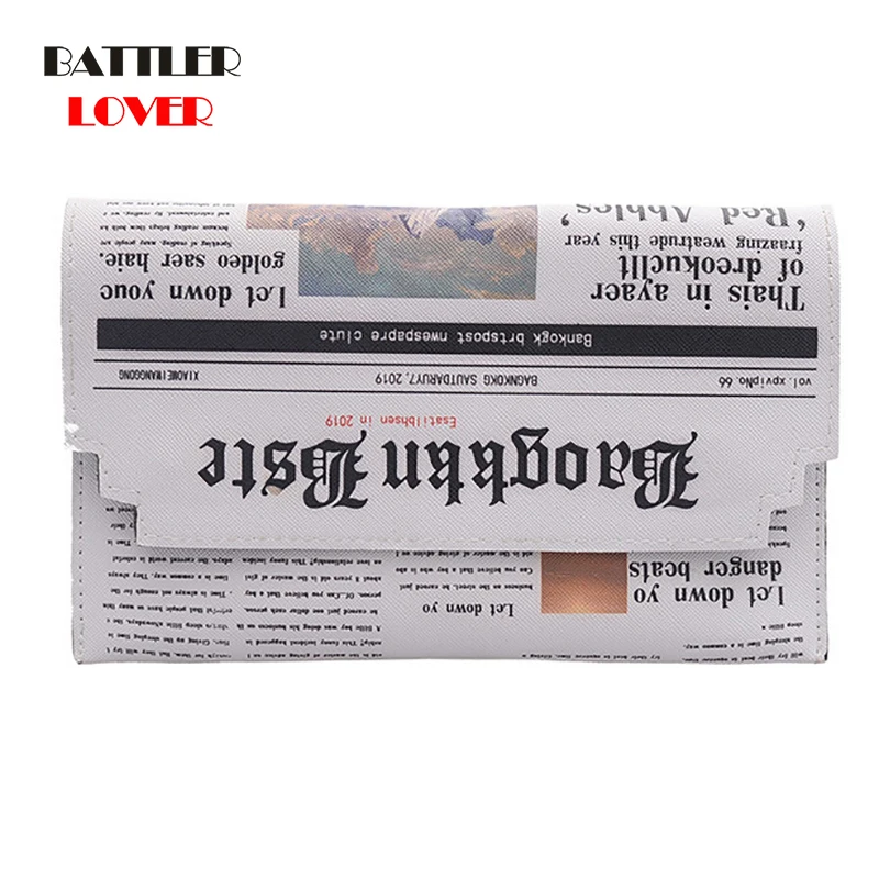Women Messenger Bag Casual Envelope Bags Day Clutches Purse Chain for Ladies Newspaper Printings Design 2020 Fashion PU Single