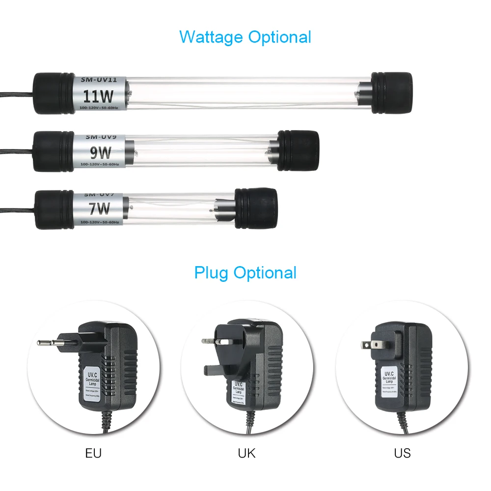 7W/9W/11W UV Sterilization Lamp Light Submersible Ultraviolet Sterilizer Water Disinfection for Aquarium Fish Tank Pond EU/IS/UK