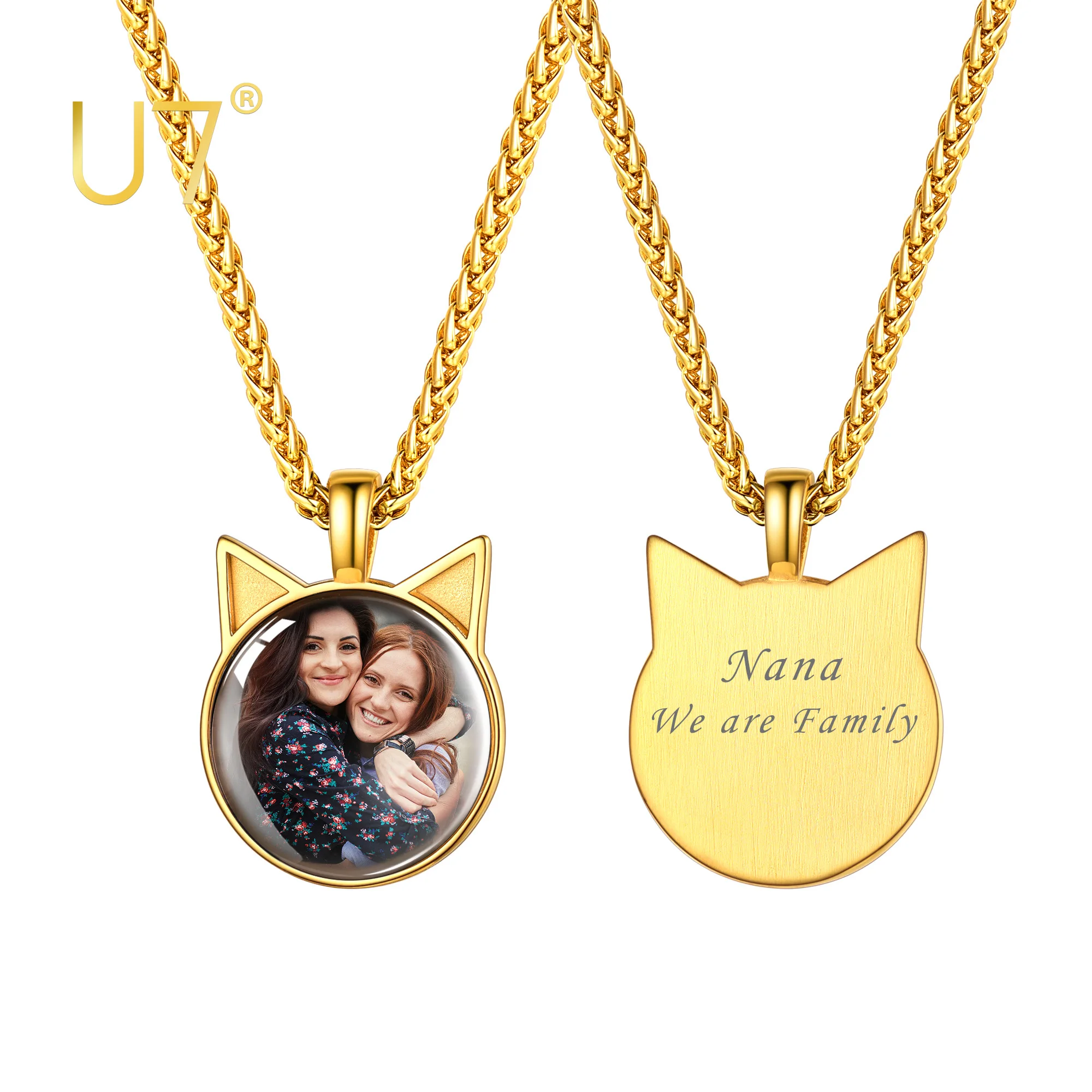 U7 Convex Photo Necklace Personalized Jewelry Stainless Steel Round Cat Ear Shape Pendant Custom with Image Picture