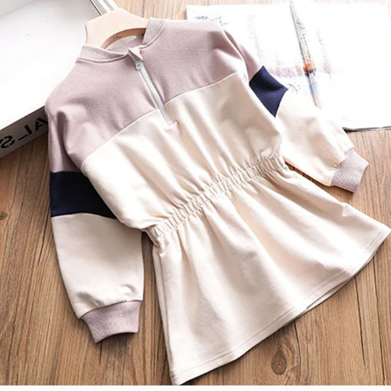

2019 Spring Girls Waist Hugging Long-sleeved Sweater Dress Girls Mixed Colors Sports Dress