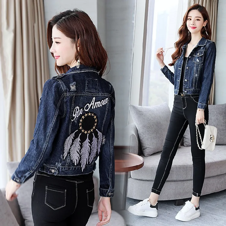 

Jeans Coat Women's 2018 Autumn Korean-style Short Students Slimming Embroidered with Holes BF Harajuku Wind Slim Fit Versatile F