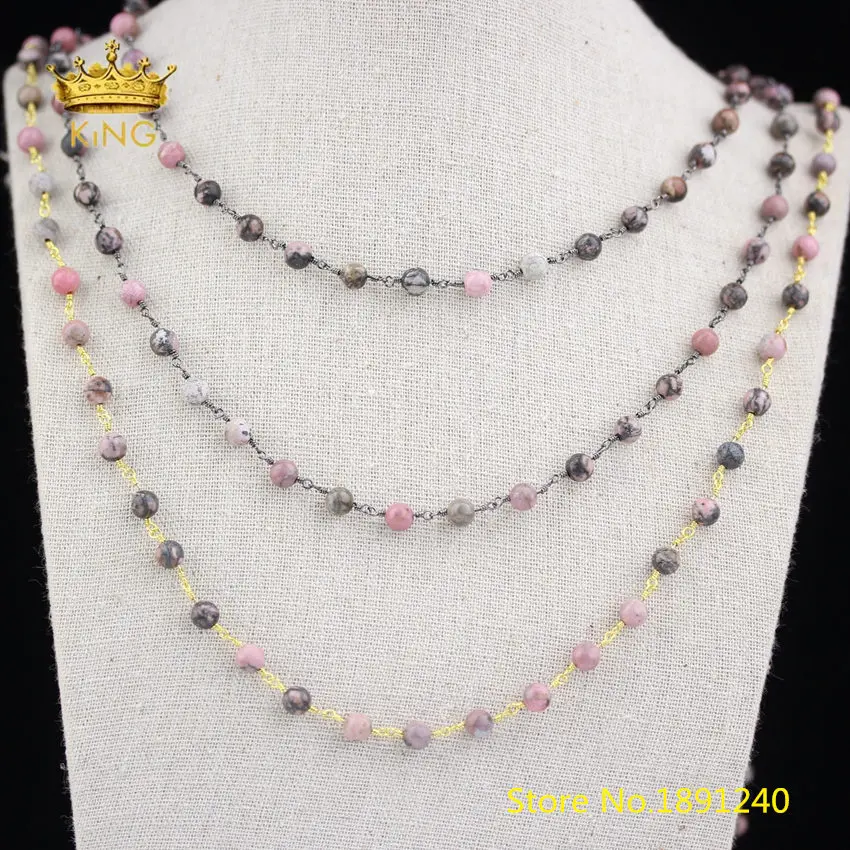 

5meters Rhodonite Round Beads Chain Findings,Natural Stones Beaded Chain for Jewelry Making Body Chain Supplies Wholesale