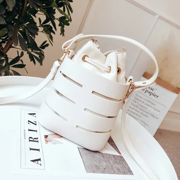 

Drawstring Bucket Bag For Women Mini Pu Leather Crossbody Bags Ladies Shoulder Bags Female Handbags Pure Color(White)