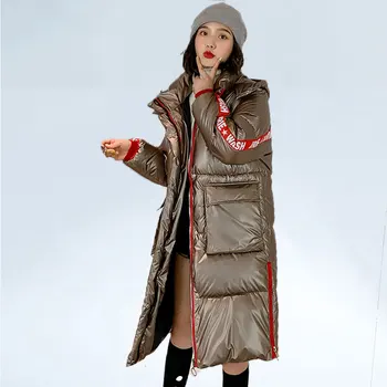

2020 Winter Long Jacket Womens Glossy Down Cotton Coat Splicing Thicken Warm Coats Female Hooded Parka Waterproof Jackets Ladies