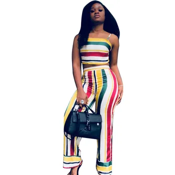 

2 Two Piece Set Women Summer Matching Crop Top and Pants Set Sexy Bow Tie Back Striped Wide Leg Pants Club Party 2 Piece Outfits