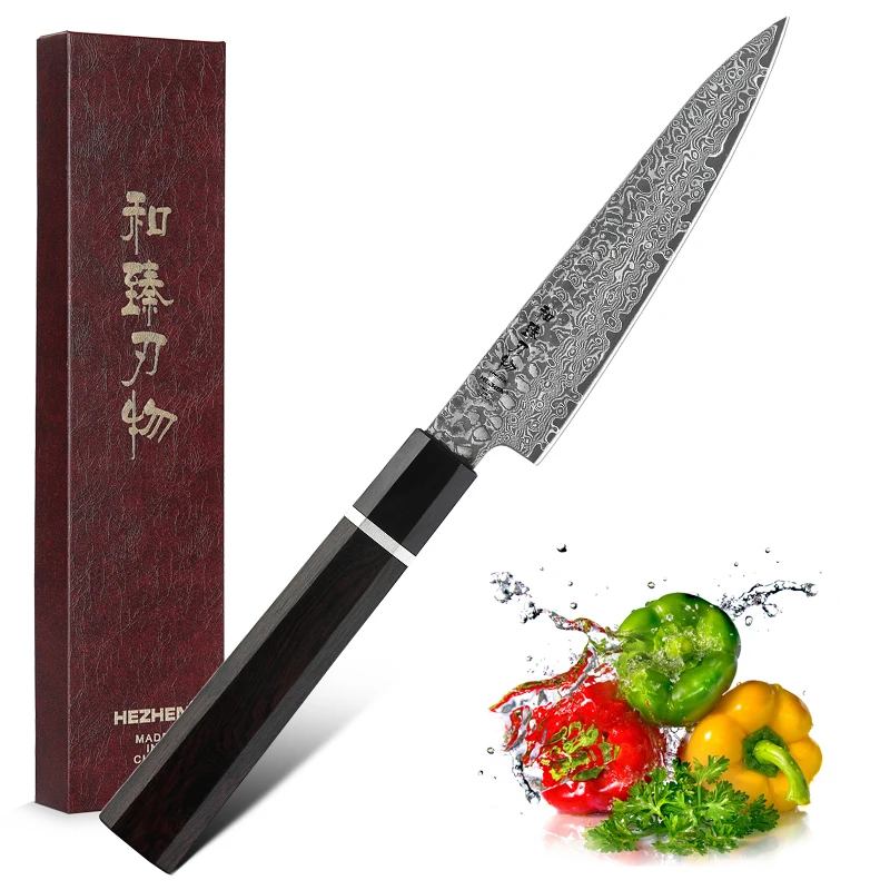HEZHEN 5 дюймов Универсальный нож японский VG10 Дамасская сталь кухонные ножи для очистки овощей пилинг нож с эбеновым деревом+ рога буйвола ручка
