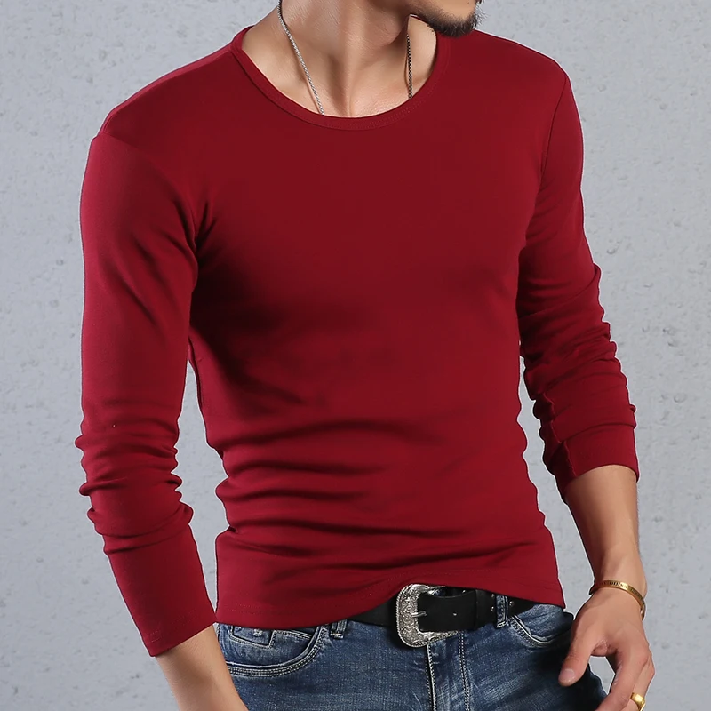 New autumn and winter cotton long sleeve t shirt men s round neck solid color slim 2
