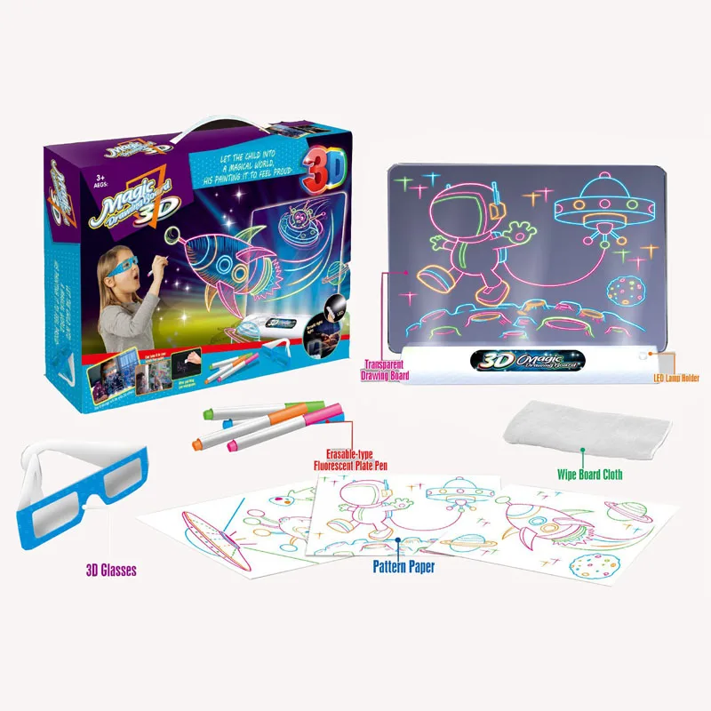 3D светодиодный светящаяся волшебная доска для рисования, игрушечный светильник в темноте, стираемая картина, обучающая игрушка с флуоресцентной ручкой, обучающая игрушка