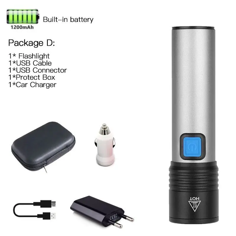 D Встроенный аккумулятор светодиодный фонарик USB Rechargeabl портативный зум фонарик Фонарь T6 светодиодный фонарь Водонепроницаемый фонарик для кемпинга - Испускаемый цвет: D