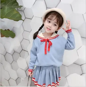 

Baby Girl Outfits 2019 Autumn Girls Blue Sailor Collar Bow Two Pcs Knitted Sets Cardigan With Skirts Kids Clothing