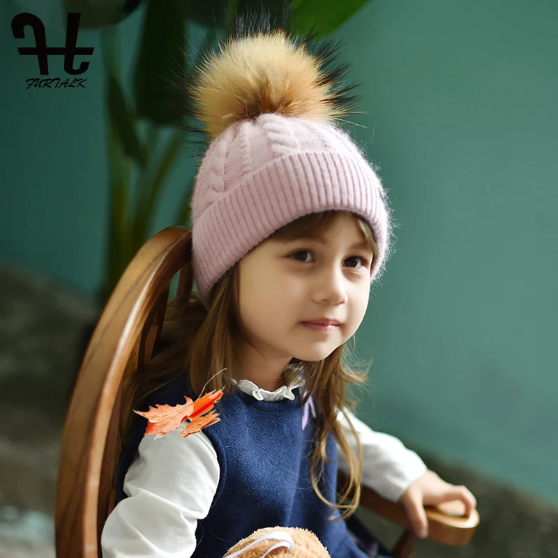 

FURTALK Kids Pompom Beanie Hat Baby Winter Knitted Hat Girls Boys Wool Rabbit Fur Hat with Raccoon Fur Pom Pink Cute Cap 2019