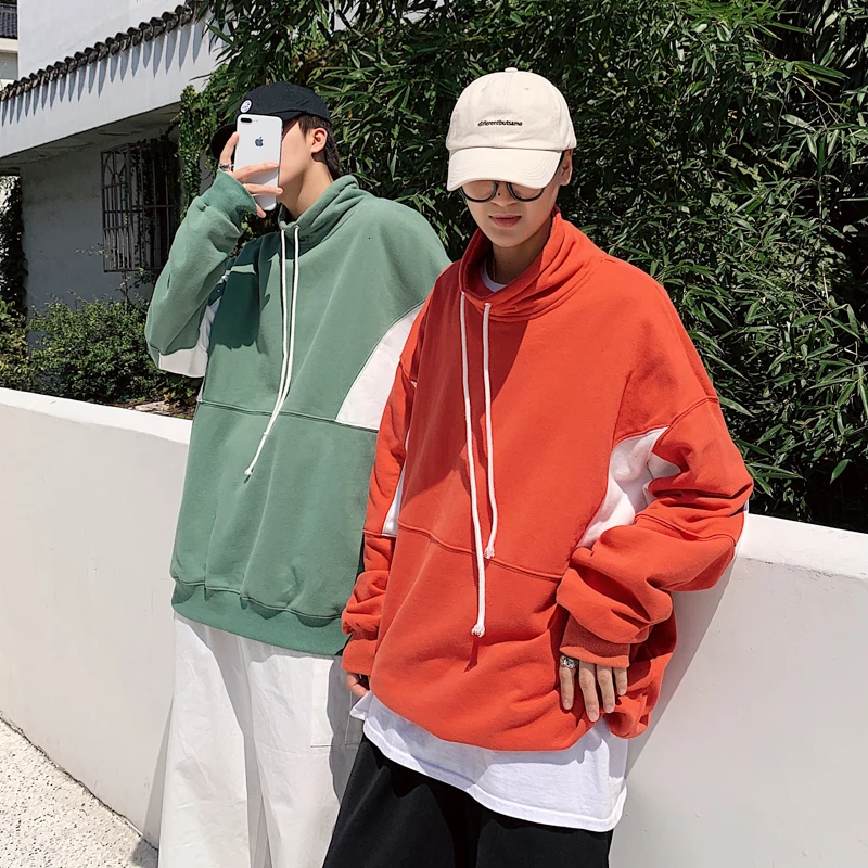 Осенние новые бархатные толстовки мужские модные контрастные цвета повседневные толстовки с капюшоном мужские уличные Свободные толстовки в стиле хип-хоп