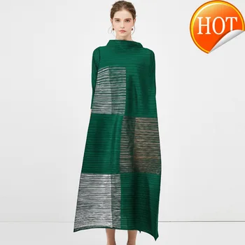 

New Spring 2020 High Quality Women Pleated Dress Loose Stand Collar Leisure Bronz Silver Mid Sleeve Elegant Fashion
