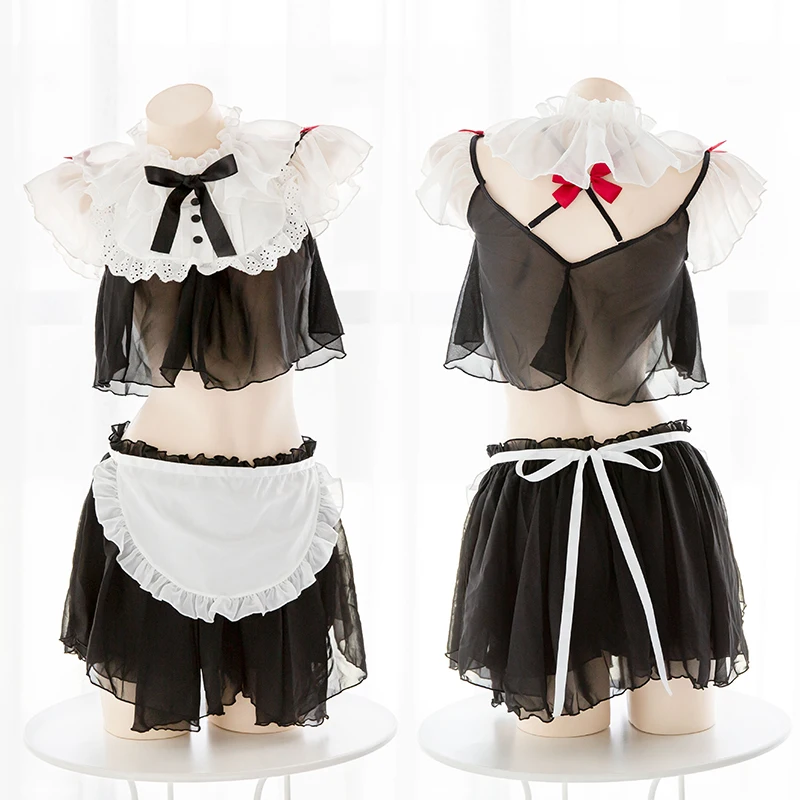 

Cute Maid Uniform Perspective off shoulder Sexy Short Underwear set Sweet Lolita Chiffon Lace Bow backless Ruffles Lingerie Set