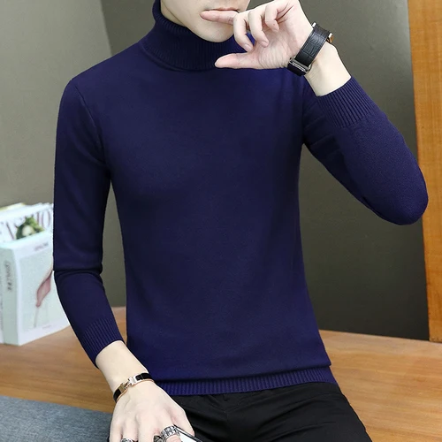Navy Зимний теплый свитер мужской моды Водолазка мужская эластичная сила Slim Fit Повседневный пуловер свитер вязаная одежда Pull - Цвет: Navy