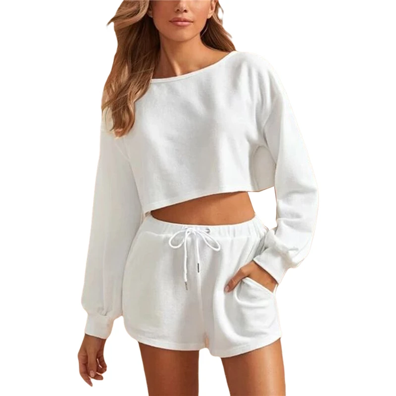 

Women Casual Clothes 2-piece Outfit Set Long Sleeve Solid Color Top+Drawstring Shorts Set for Ladies Costume Womens Clothing Set