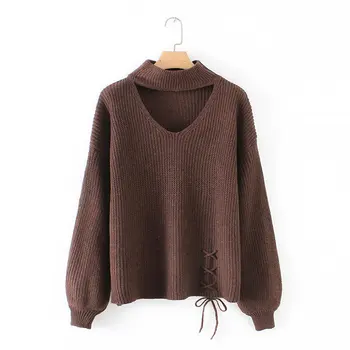 

2019 New Fashion Women Sweaters Autumn Winter Elastic Pullovers Female Solid Long Sleeve Lace Up Half Turtleneck Knitwear Tops
