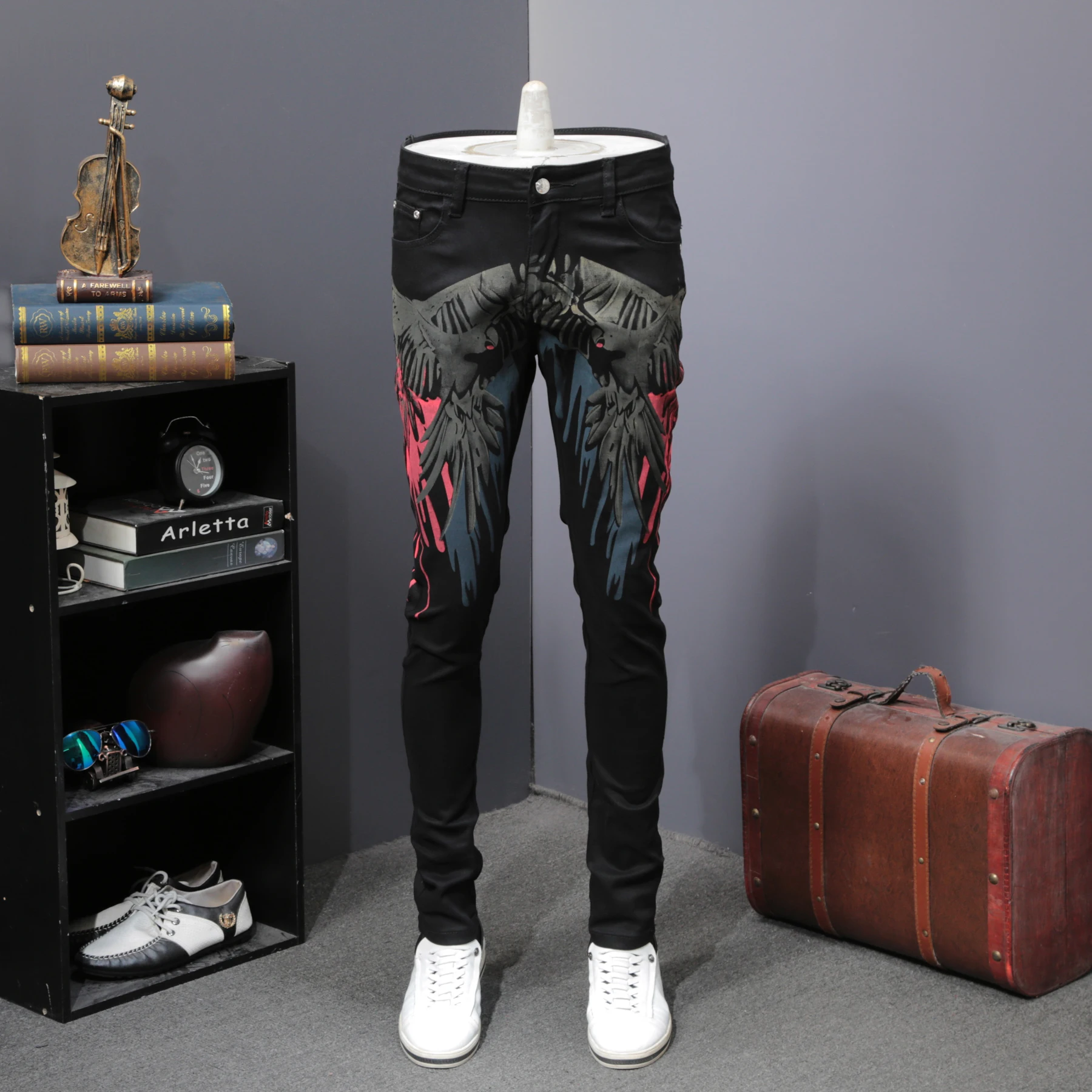 Koop джинсы Mannen Mode Lente Bloem Afdrukken Heren джинсы облегающие повседневные уличные джинсы Broek Mannen Kleding homme