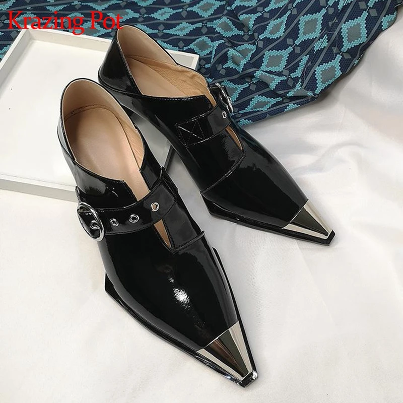 

Krazing Pot genuine leather metal rivets decoration high heels pointed toe European lazy design Autumn season winter pumps L17