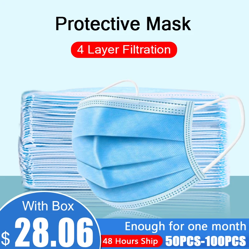

50 / 100Pcs One Time Masks Non-woven Four-Layer Filtration Dust Protection Mask Suitable Adults Elastic Earloop Mouth Face Mask