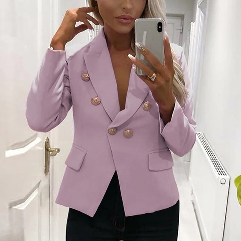 

LITTHING Spring Ladies Blazers Fashion Double Breasted Slim Blazer Women Suit Jacket Pink Female Plus Size Blazer Femme Okd862