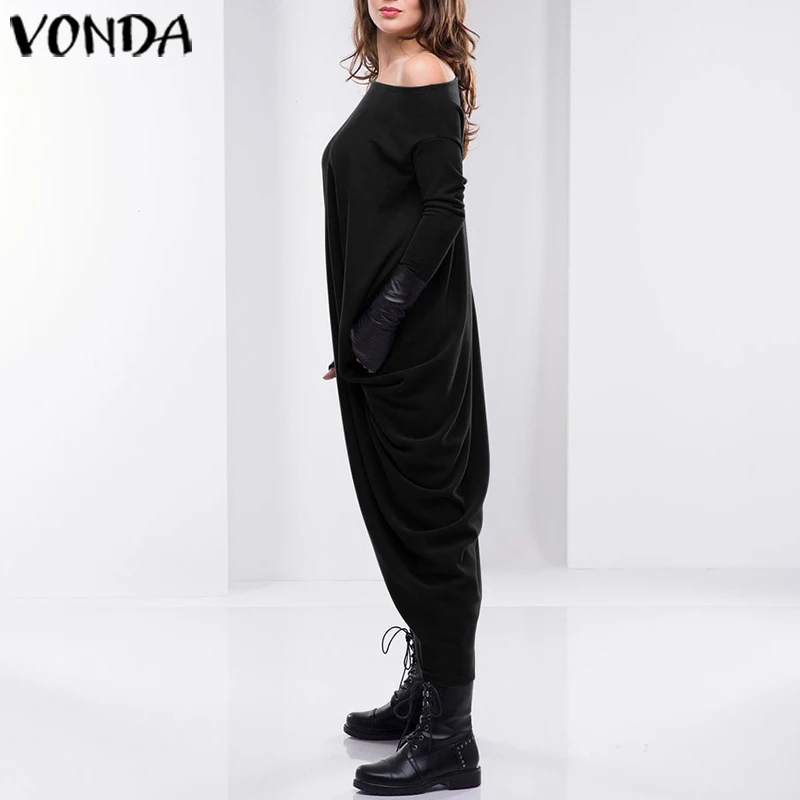 Асимметричное женское платье Сарафан VONDA осеннее повседневное свободное сексуальное платье с длинным рукавом до середины икры вечерние платья Vestidos S-5XL