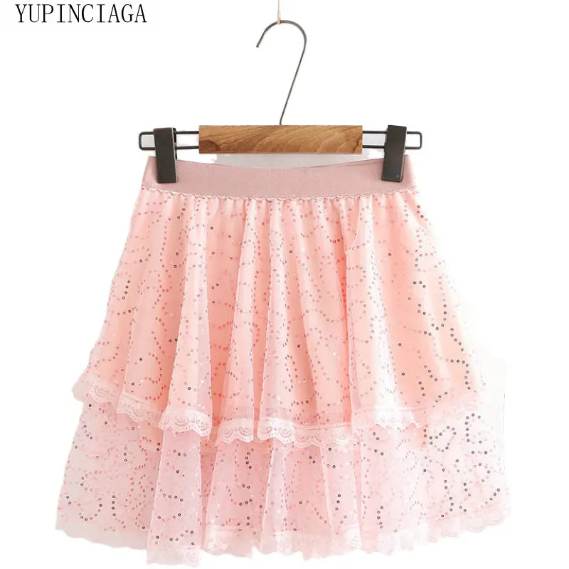 

2020 New Summer Women Skirts high waist Solid Mini Skirt Harajuku Kawaii Japan Style Cute skirt Chiffon sequin A-line skirt
